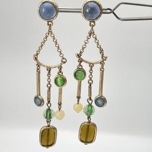 Gold Tone Multicolor Glass Bezel Set Chandelier Dangle Earrings Statement Boho